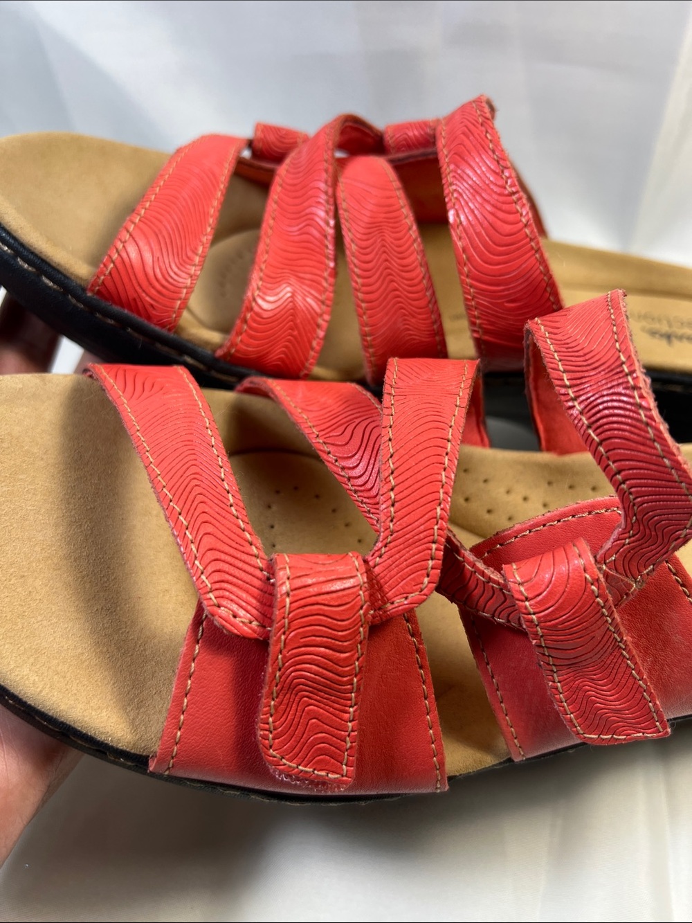 Clarks Coral Red Multi-Strap Slide Sandals - Picture 5 of 11